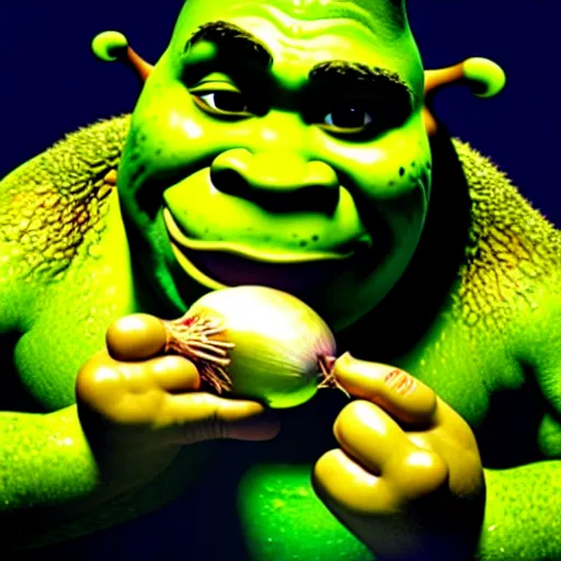 Prompt: a stock photo of shrek eating an onion, 8 k, ultra - realistic