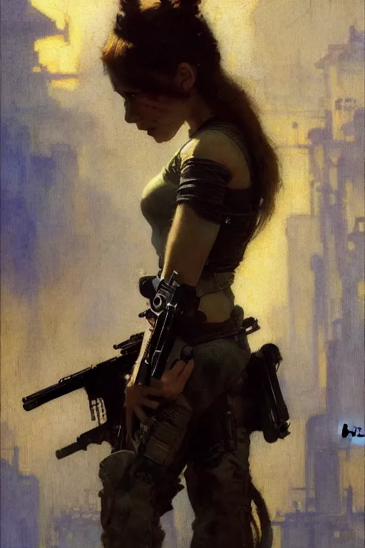 Image similar to portrait max mad cyberpunk, girl with a rifle character design, painting by gaston bussiere, katsuya terada, nc wyeth, greg rutkowski, craig mullins, vermeer, frank frazetta, tom of finland, trending on artstation, jeffery catherine jones