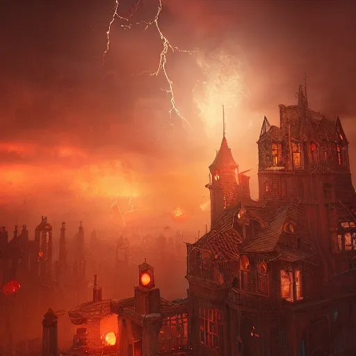 Image similar to a flying steampunk fortress, intricate, behrens style, octane render, fantasy digital art, beautiful composition, trending on artstation, night, meteors, lightning!!! storm, dramatic lighting, red glow, eldritch