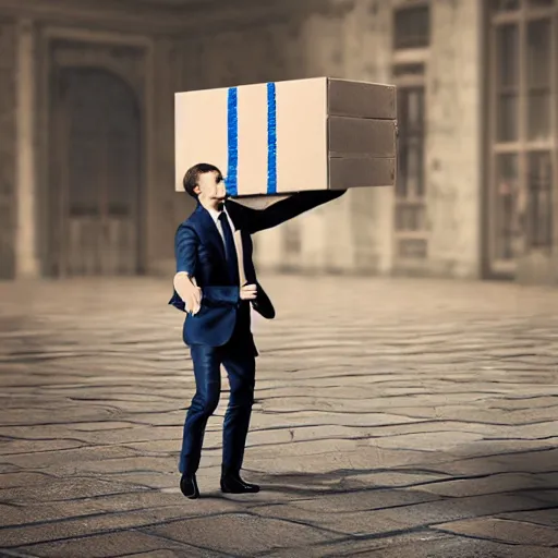 Image similar to photography, emmanuel macron carrying a box, relocation, ultra realistic, concept art, intricate details, highly detailed, photorealistic