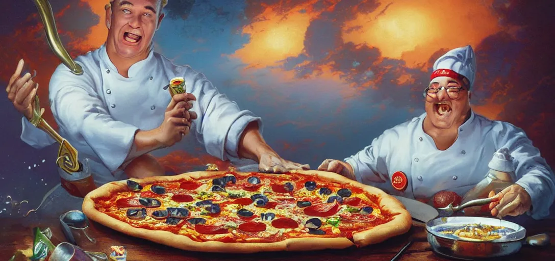 Prompt: poster artwork by Michael Whelan Rendering of a chef using weird tools on his pizza, happy, colorful, full of details by thomas kinkade, Matte painting, trending on artstation,