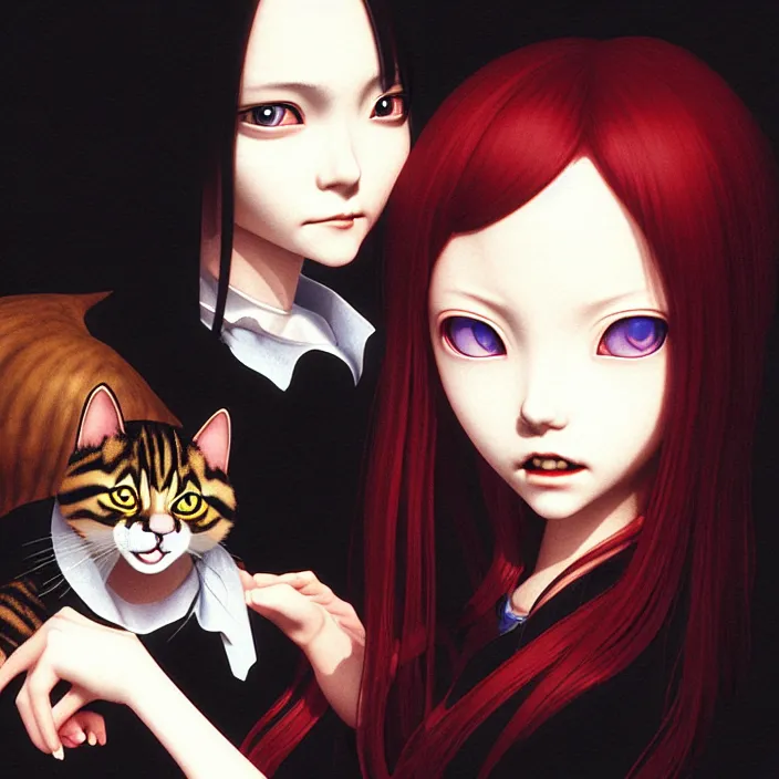 Image similar to renaissance portrait of the secretive vampire girl loner smiling at her cat, by katsuhiro otomo, yoshitaka amano, nico tanigawa, and artgerm rendered with 3 d effect.