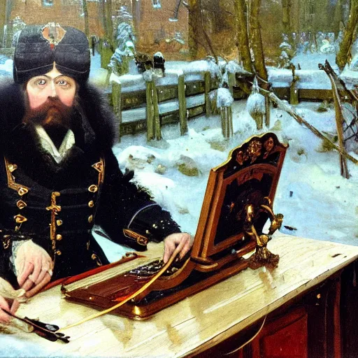 Image similar to russian tsar Peter The Great 18th century reinstalls operatins system on desktop computer by vasnetsov and surikov serov, JEAN-VICTOR BERTIN, by Terence Cuneo, detailed, artfully traced, 4k resolution, cinematic, dramatic
