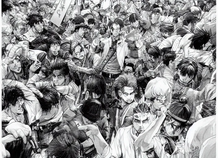 Prompt: a riot in the streets, by takehiko inoue and kim jung gi and hiroya oku, masterpiece illustration, ultrarealistic, perfect face and anatomy, golden ratio