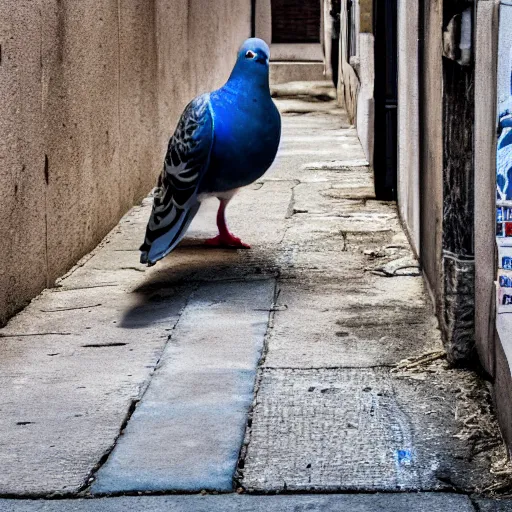 Prompt: A pigeon in a dark alleyway talking to another shady pigeon, 4k