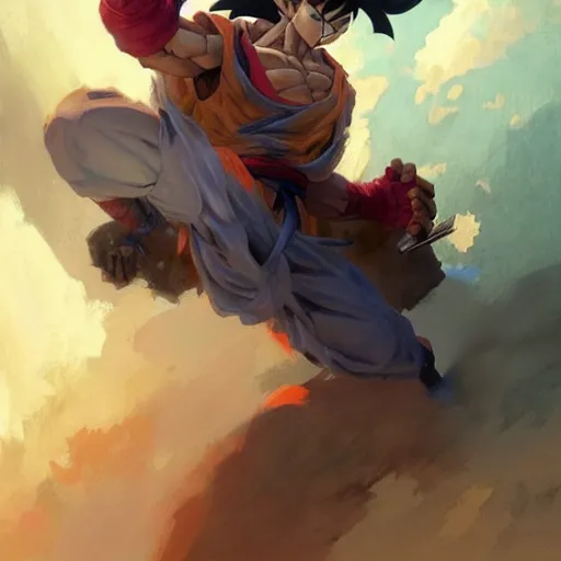 Image similar to goku, artstation, greg rutkowski, gaston bussiere, craig mullins, frank frazetta, vermeer, mucha, trending on artstation