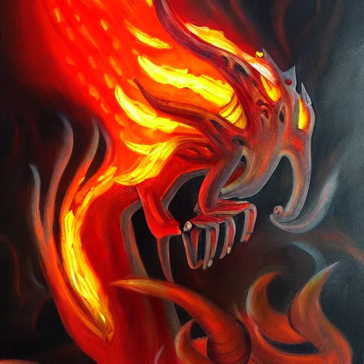 Image similar to fire demon eat human, oil painting