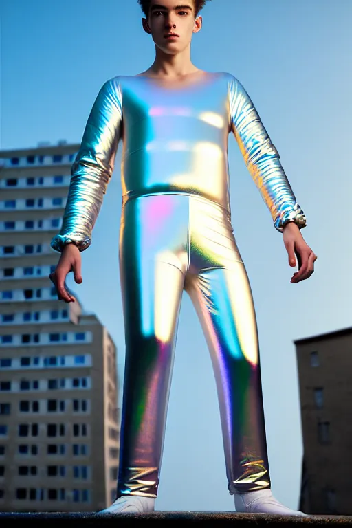 Image similar to un ultra high definition studio quality photographic art portrait of a young man standing on the rooftop of a british apartment building wearing soft baggy inflatable padded silver iridescent pearlescent clothing. three point light. extremely detailed. golden ratio, ray tracing, volumetric light, shallow depth of field. set dressed.