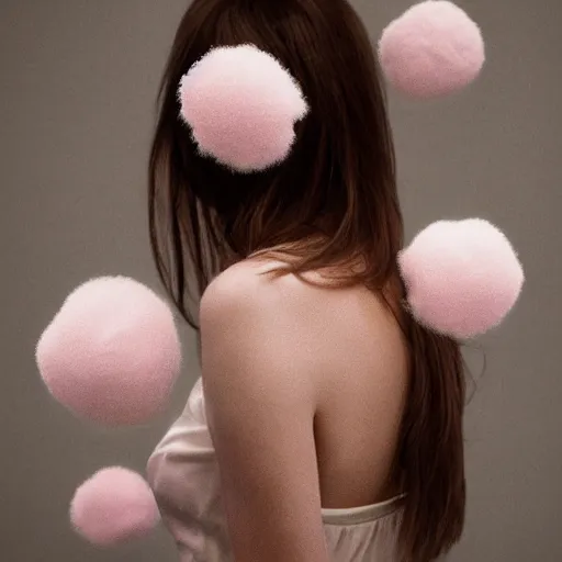 Prompt: portrait of a cute girl with soft pink and white cotton fluffy balls floating in image, fashion photography, highly detailed, digital photography by jheronimus bosch and james jean and james rutkowski