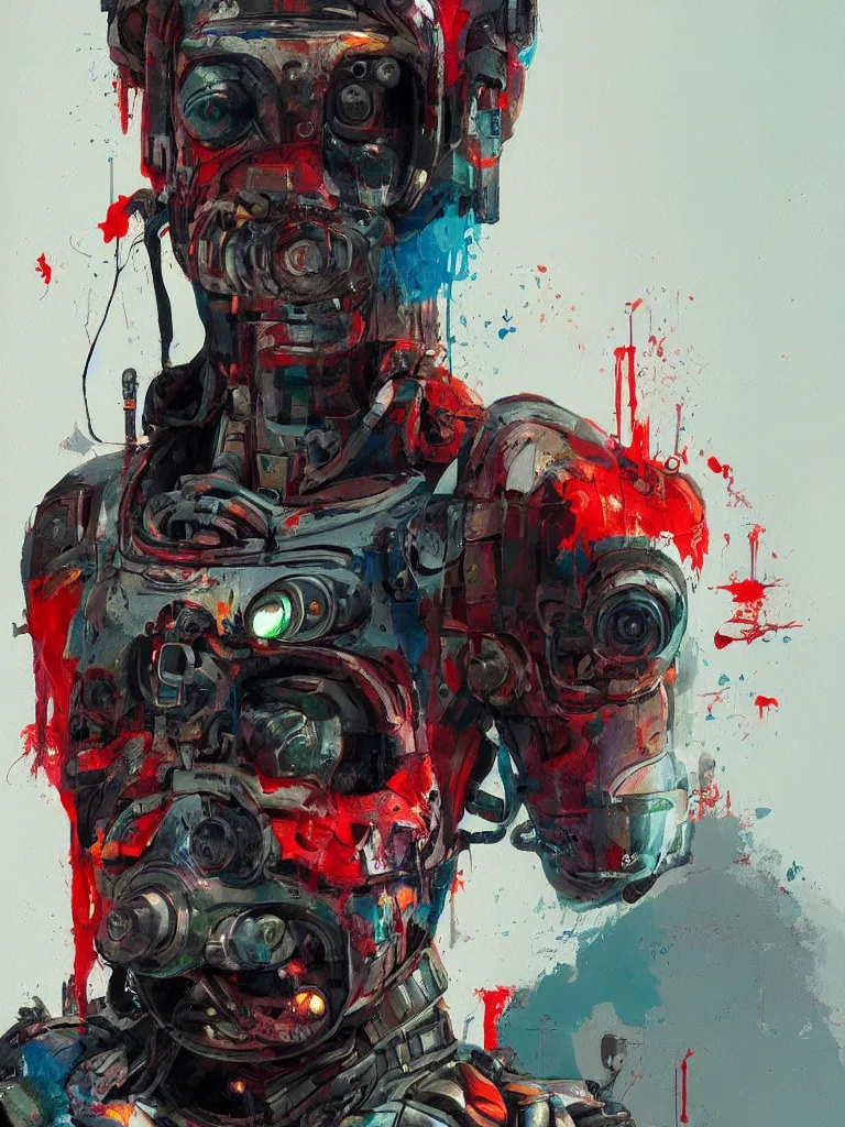 Prompt: a contemporary painting of a cyborg smeared with paint in a painting from stalenhag 4 k 8 k hdr artstation concept art