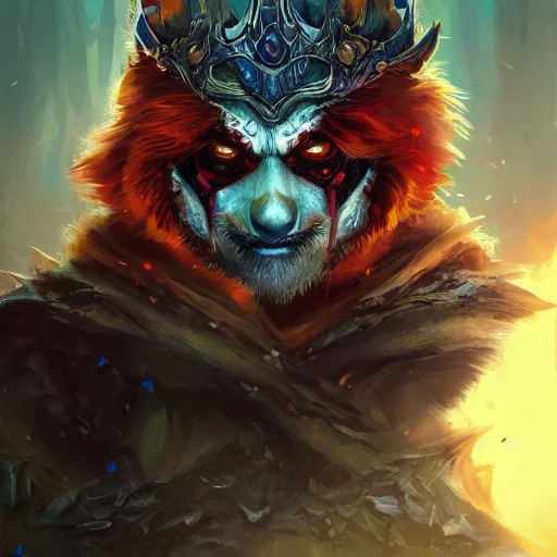 Image similar to red panda as lich king character, world of warcraft, digital illustration portrait design, by android jones and greg rutkowski, retrowave color scheme, detailed, cinematic lighting, wide angle action dynamic portrait
