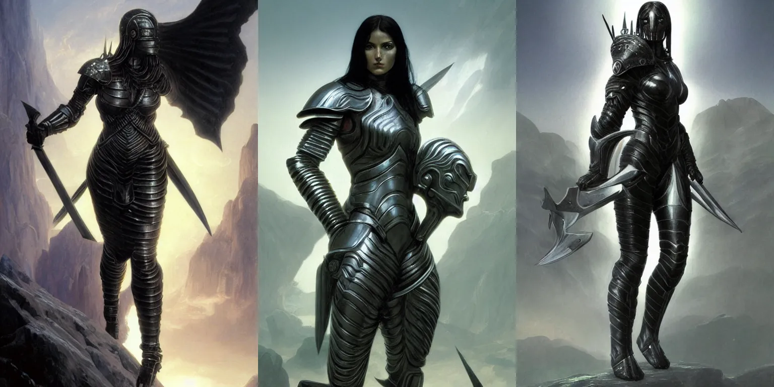 Image similar to beautiful female warrior, half body portrait, black hair, light silver armor, by Thomas Cole and Wayne Barlowe and Boris Valejo