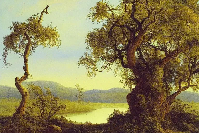 Prompt: painting of a old tree next to a meandering river by alexei savrasov