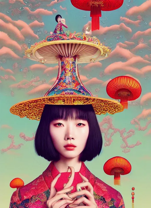 Image similar to pretty chinese model with hallucination mushroom : : by martine johanna and simon stalenhag and chie yoshii and casey weldon and wlop : : ornate, dynamic, particulate, rich colors, intricate, elegant, highly detailed, centered, vogue, harper's bazaar, fashion magazine, smooth, sharp focus, octane render, 8 k