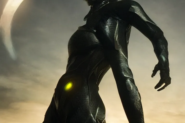 Image similar to VFX movie closeup portrait of a futuristic inhuman alien hero woman in spandex armor in future city, hero pose night lighting by Emmanuel Lubezki