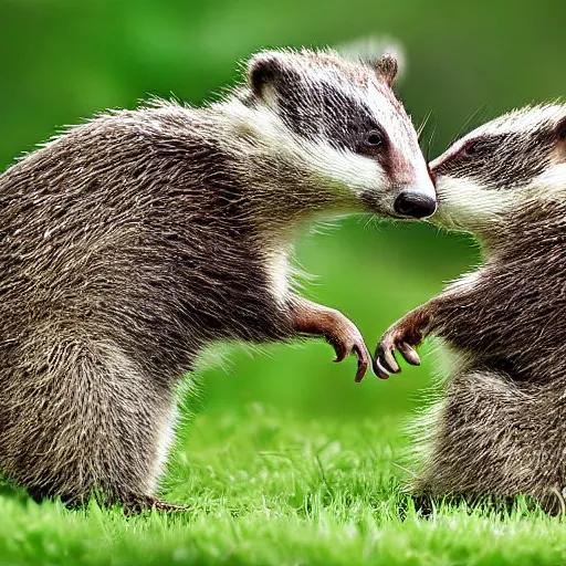 Prompt: two badgers hugging, digital photography, HD