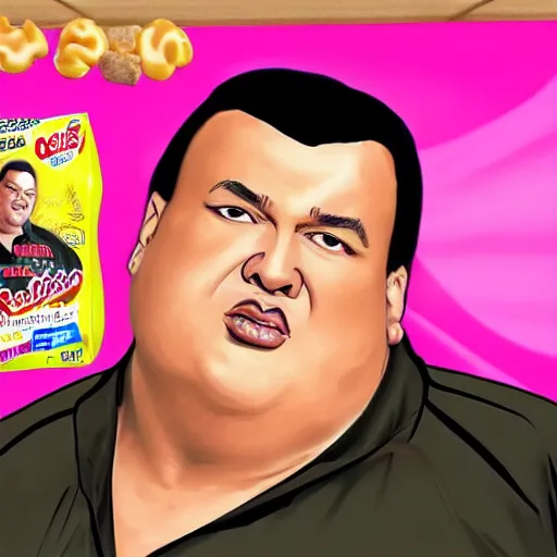 Image similar to obese steven seagal as sponsor of a sugary cereal called aikidos! with hideous cartoon rat mascot