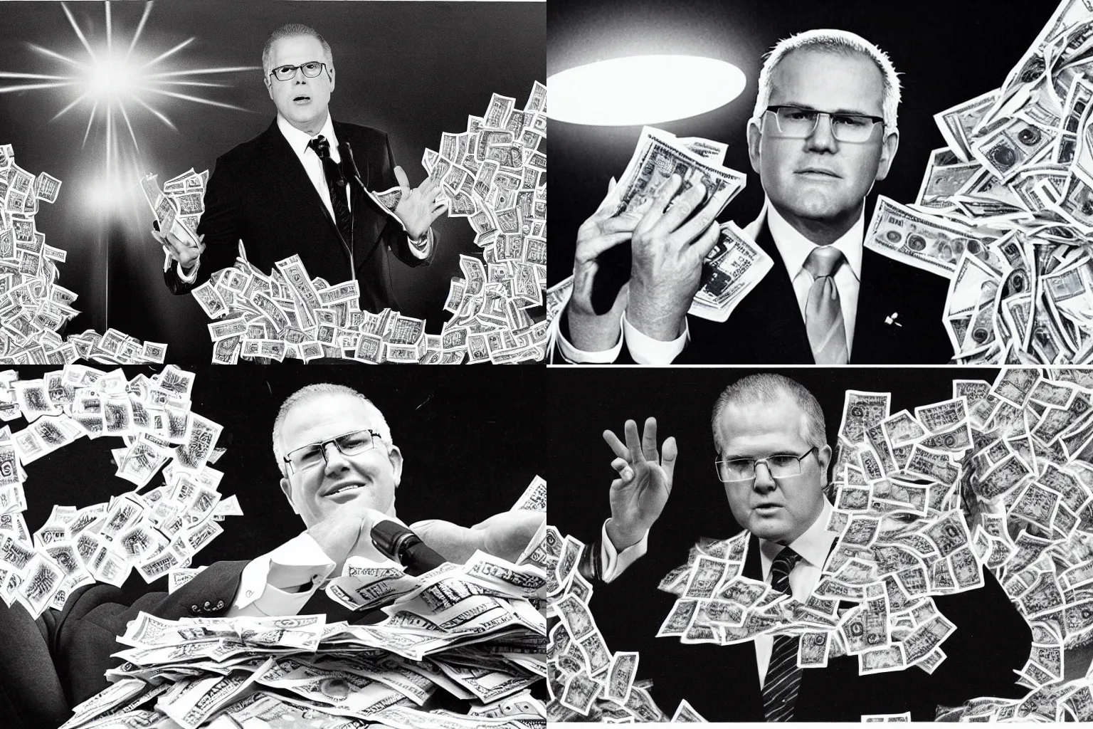 Prompt: Scott Morrison preaching as a televangelist with a halo above his head, surrounded by piles of cash, ultra detail, black and white photograph