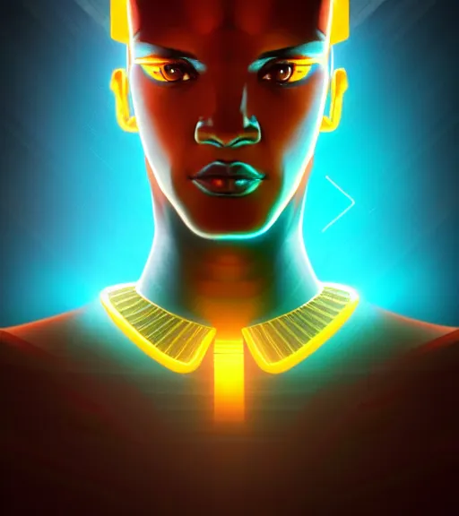 Image similar to symmetry!! egyptian god of technology, solid cube of light, hard edges, product render retro - futuristic poster scifi, lasers and neon circuits, brown skin handsome egyptian god, intricate, elegant, highly detailed, digital painting, artstation, concept art, smooth, sharp focus, illustration, dreamlike, art by artgerm