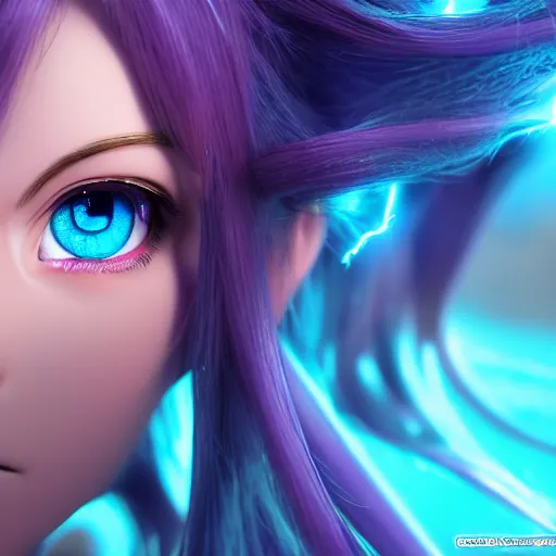 Prompt: close up, macro, detailed, render as a very beautiful 3d anime girl, goddess of lightning, long braided purple hair, azure blue eyes, full round face, short smile, cinematic lightning, medium shot, mid-shot, highly detailed, trending on Artstation, Unreal Engine 4k, cinematic wallpaper