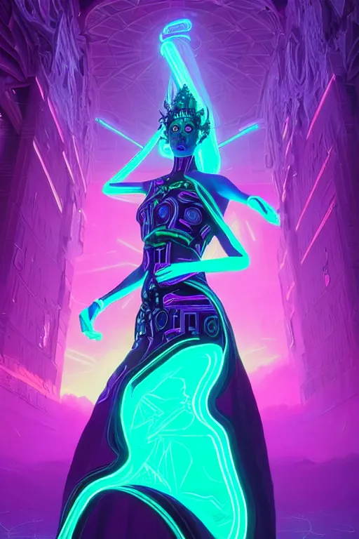 Image similar to void goddess wearing a dress made of neon, surreal, 4 k, unreal engine, octane render, simon stalenhag, d & d, fantasy, intricate, elegant, highly detailed, digital painting, artstation, concept art, matte, sharp focus, illustration, hearthstone, art by artgerm and greg rutkowski