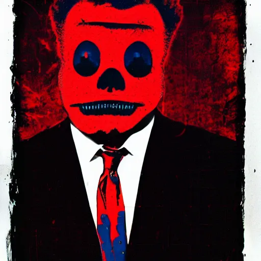 Prompt: robb wells in a suit and tie with a creepy face, a screenprint by warhol, reddit contest winner, antipodeans, hellish, anaglyph filter, hellish background