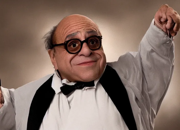 Image similar to film still of Danny Devito as Mr Mistoffelees!!! in Cats, 4k