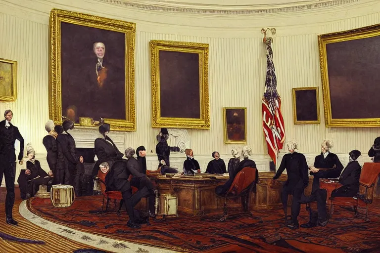 Image similar to a grand portrait of a tall terrifying alien president in the white house oval office. majestic room. he is surrounded by alien advisors. in the style of american impressionist painting. in the style of 1 8 0 0 s romanticism painting. in the victorian era. fantastic composition. dramatic lighting. lots of aliens. aliens. aliens.