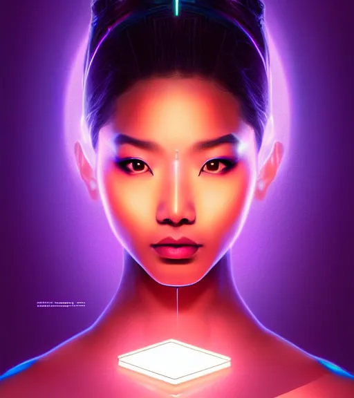 Image similar to symmetry!! asian princess of technology, solid cube of light, hard edges, product render retro - futuristic poster scifi, lasers and neon circuits, beautiful dark skin asian princess, intricate, elegant, highly detailed, digital painting, artstation, concept art, smooth, sharp focus, illustration, dreamlike, art by artgerm