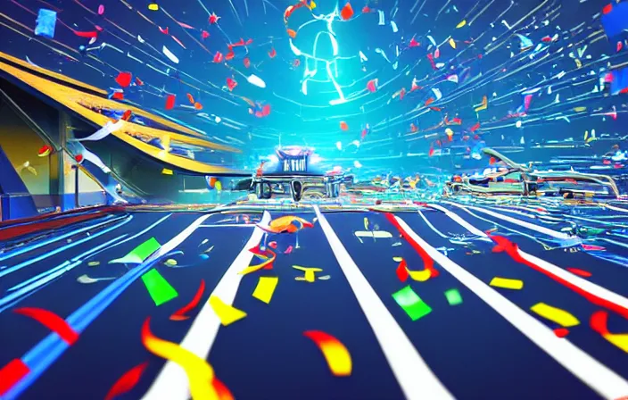 Prompt: cinematic low angle wide angle shot worms eye view of a realistic futuristic vehicle racetrack finish line with confetti on a sunny day with a clear blue cloudy sky angled up, cyberpunk, digital painting, illustration, good value control, crowded stands, rule of thirds, golden ratio, horizon line focus, sharp focus, fourze, realistic textures, f zero, speed racer movie