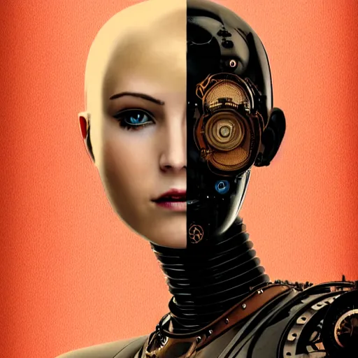 Prompt: close - up portrait of a beautiful female steampunk android in the style of ex machina,