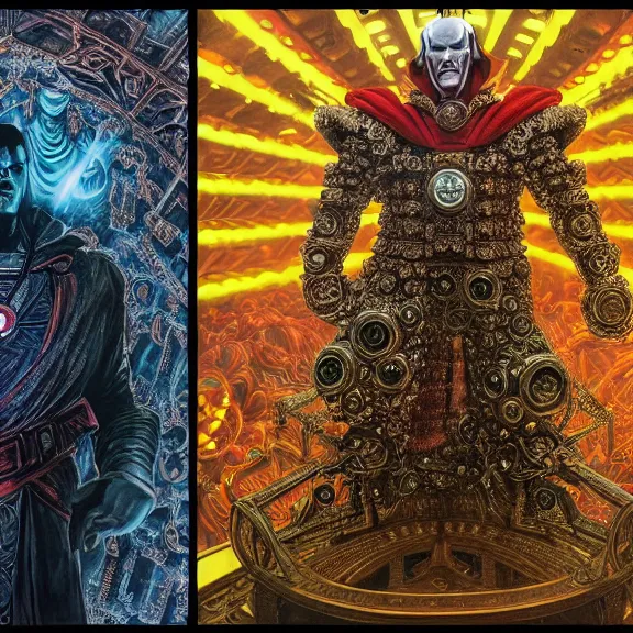 Image similar to symmetric frame of dr doom power armour from Doctor Strange movie, dr doom in ornate scale armour, byguo pei and alexander mcqueen metal couture editorial, eldritch epic monumental attack by beksinski by Yuko Shimizu