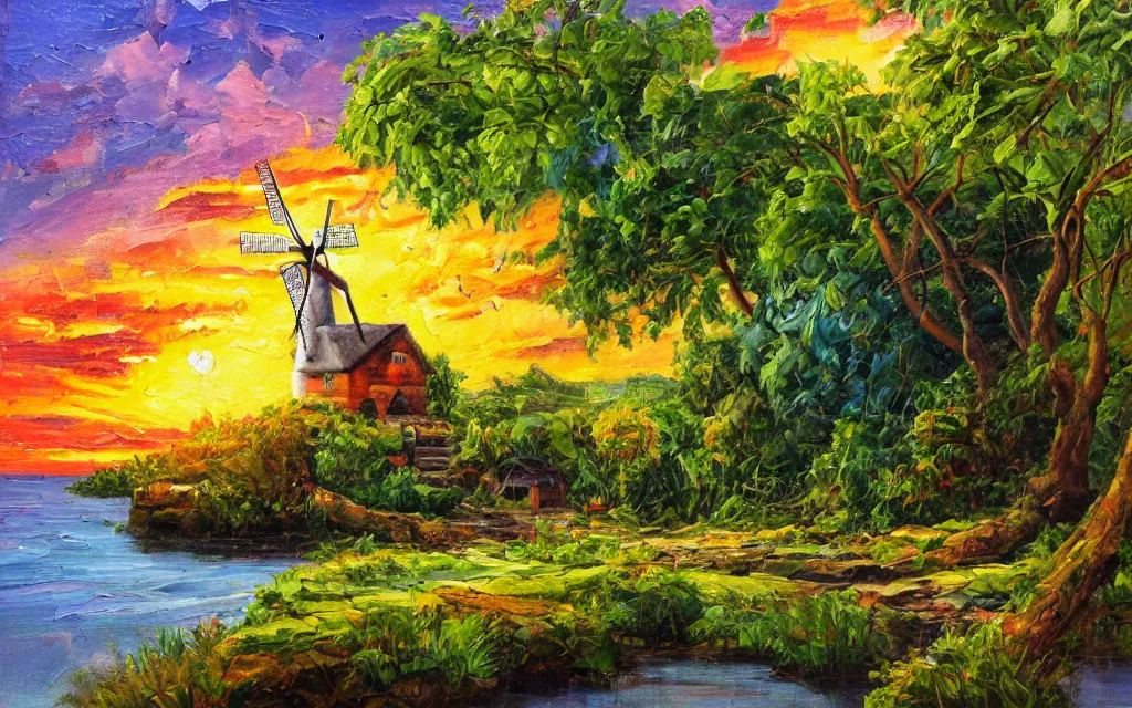 Image similar to a small island with a cozy cottage, tropical forest, river, waterfall, windmill, garden courtyard, sunset, puffy clouds, dynamic lighting, thick brush strokes oil impasto painting