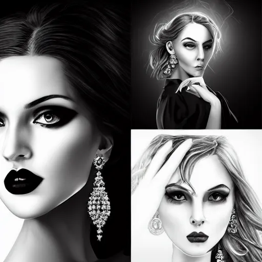 Prompt: digital art painting portrait of elegant gothic lady with earrings, black and white, dark background, perfect lighting, high contrast, arstation, artgerm, wlop, 4 k