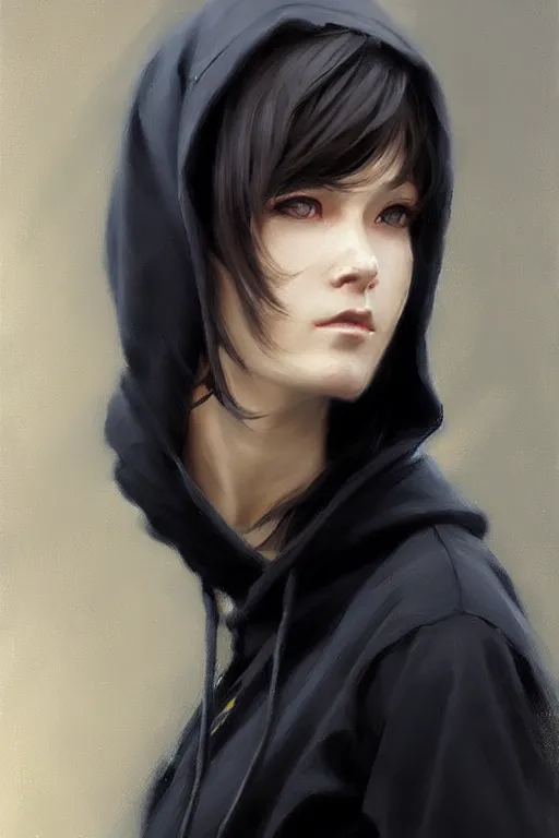 Prompt: fubuki, black hoodie, painting by daniel gerhartz, alphonse murac, detailed art, artstation