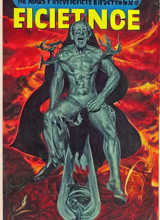 Prompt: Christopher Lloyd as Satan in retro science fiction cover by Kelly Freas (1965)