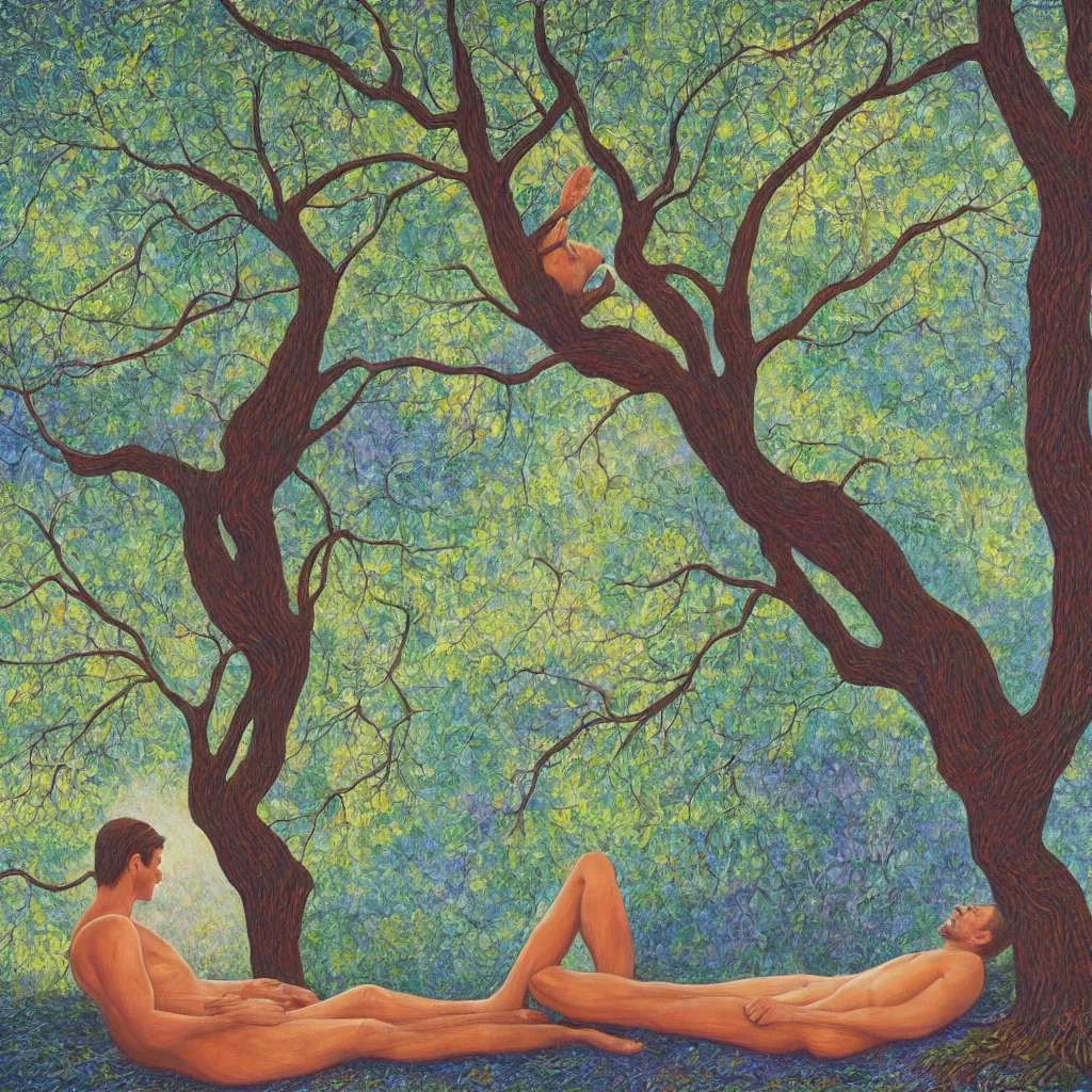 Image similar to painting of a peaceful man relaxing under a tree by alex grey, acrylic art, calm, soothing, cosy, elegant, soft light,