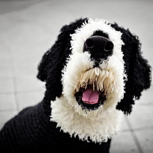 Image similar to a closeup photorealistic photograph of a cute smiling knitted bernedoodle judge dog dressed in a black gown, presiding over the courthouse. indoors, professional capture, well lit shot. this 4 k hd image is trending on artstation, featured on behance, well - rendered, extra crisp, features intricate detail, epic composition and the style of unreal engine.