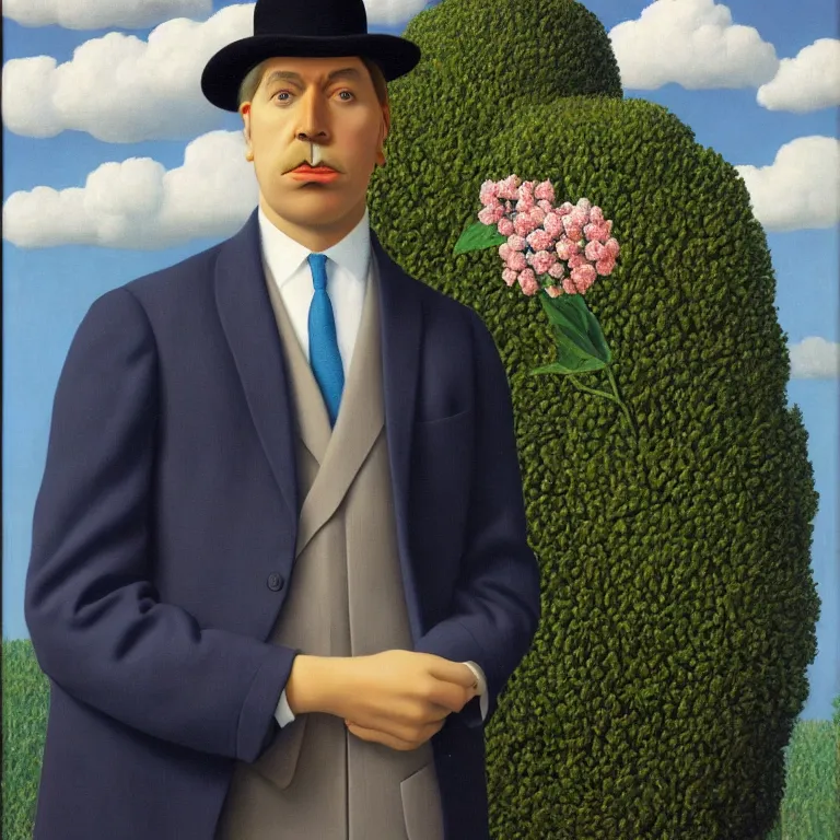 Image similar to portrait of man in a suit with flowers hiding his face by rene magritte and clouds in the background, detailed painting, hd, hq, high resolution, high detail, 4 k, 8 k