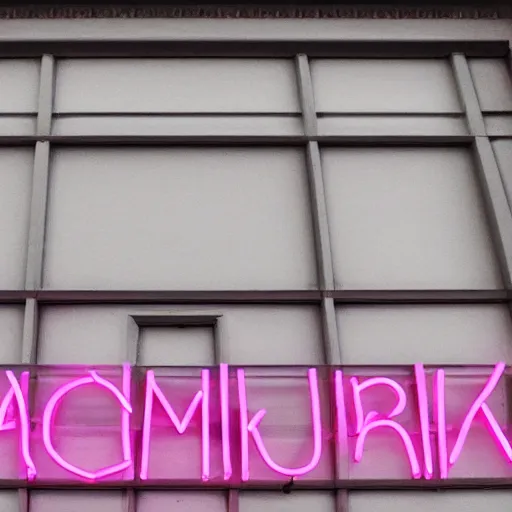 Image similar to A pink neon sign with rounded lowercase letters O, D, O, O above the front door of a cathedral