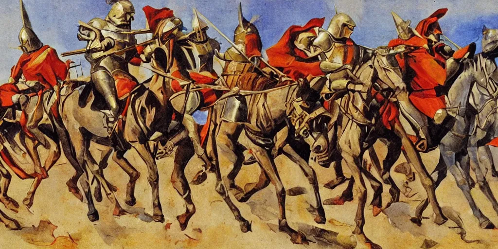 Prompt: medieval knight cavalry charge, italian futurism style