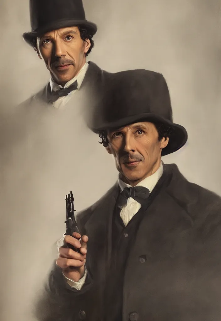 Image similar to high quality oil painting portrait of Sherlock Holmes, volumetric and perfect lighting, 4k, 8k, HD