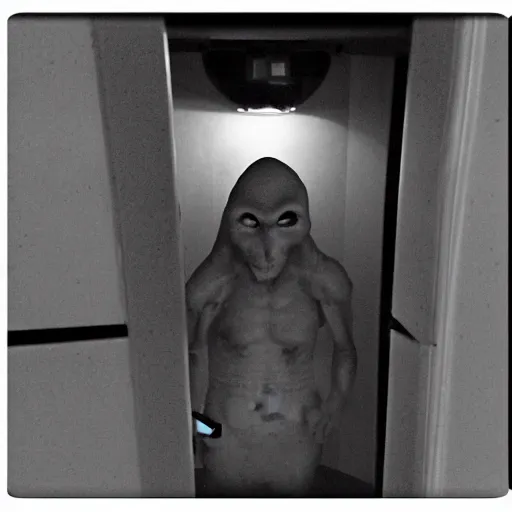 Prompt: trail cam photo of a grey alien in your kitchen at night