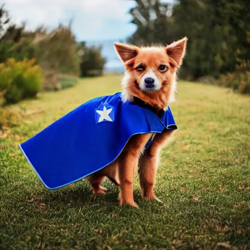 Prompt: light brown female dog wearing a blue superhero cape, she's flying through the sky. As photograph