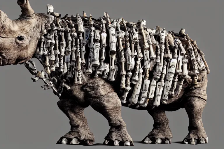 Image similar to a cinematic view of the entire skelleton of a rhino made of stained bones, true realistic image, detailed image