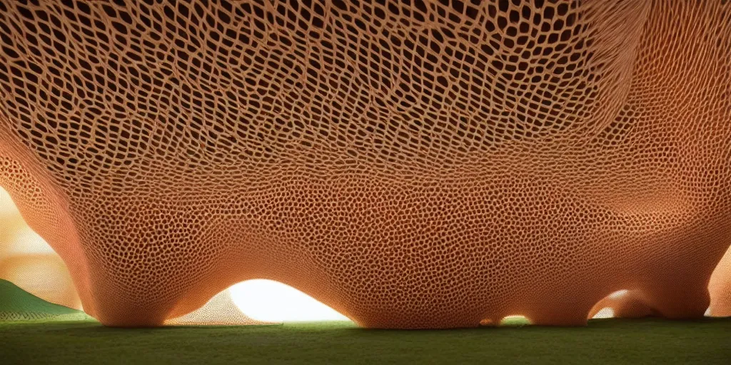 Image similar to biomorphic honeycomb structures by ernesto neto, light - mint with light - pink color, 4 k, insanely quality, highly detailed, film still from the movie directed by denis villeneuve with art direction by zdzisław beksinski, telephoto lens, shallow depth of field