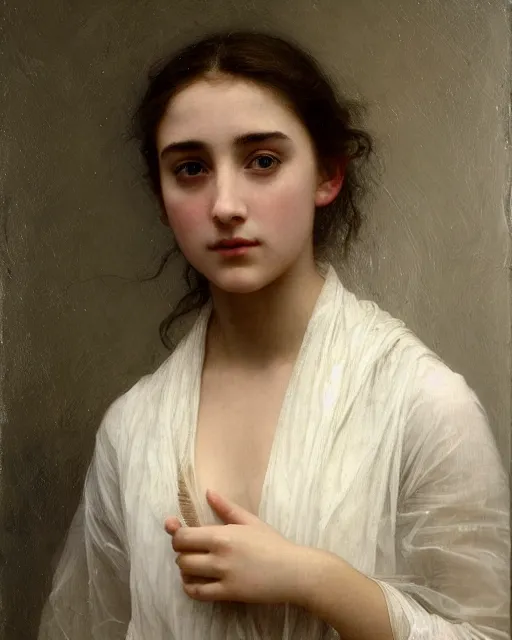 Image similar to a 16-year old girl who resembles Ana de Armas and Saoirse Ronan, wearing a transparent raincoat, detailed oil painting by William Adolphe Bouguereau