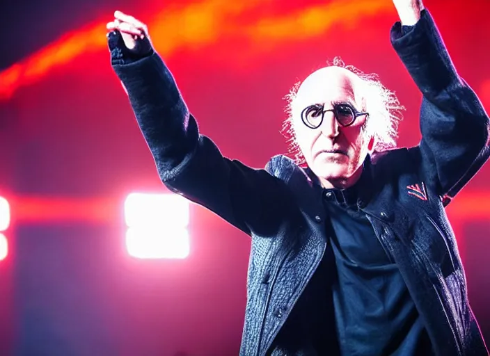 Image similar to publicity photo still of larry david touring with slipknot live on stage, 8 k, live concert lighting, mid shot