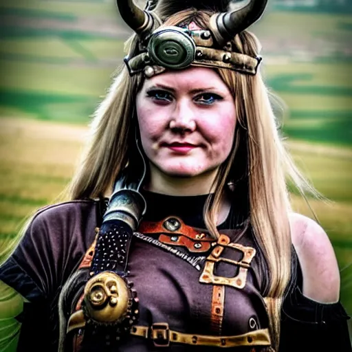 Image similar to photo of a real-life steampunk female viking