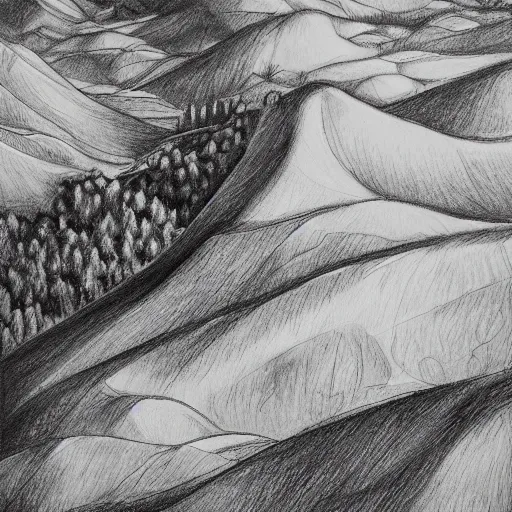 Prompt: hills of dreams, black and white, artstation, pencil illustration